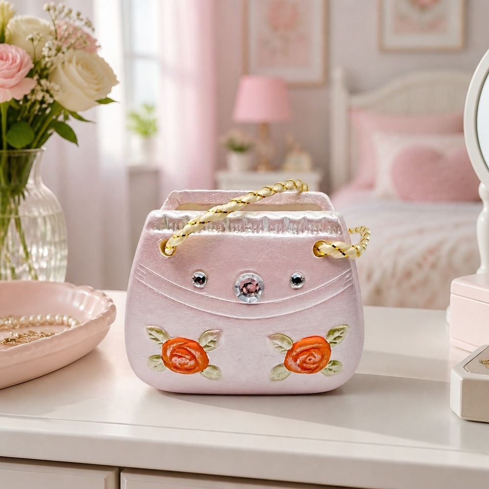 Ceramic Purse Container Floral Rhinestones 4" x 4"